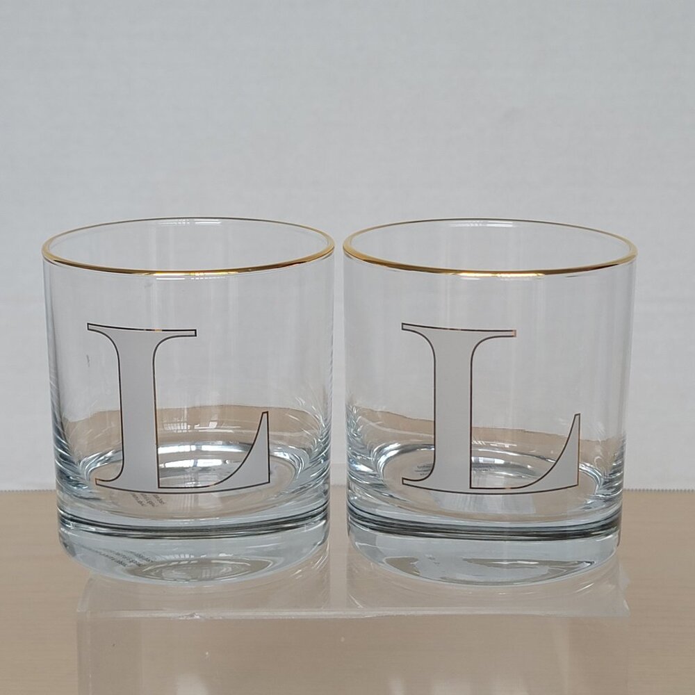 Williams Sonoma Monogram Double Old-Fashioned 2 Clear Drinking Glass Letter "L"